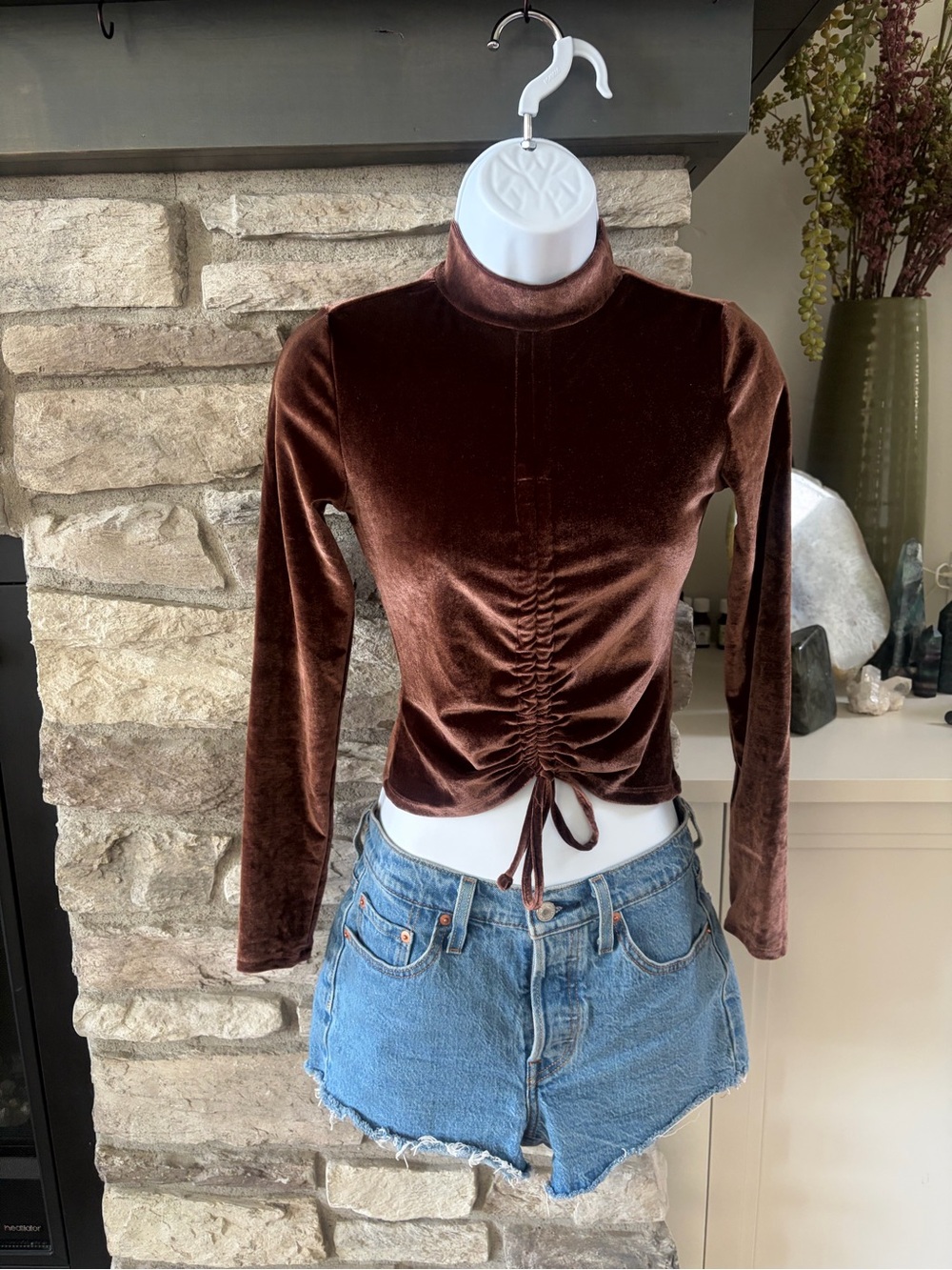 Brown Velvet Drawstring Mock Neck Long Sleeve Top